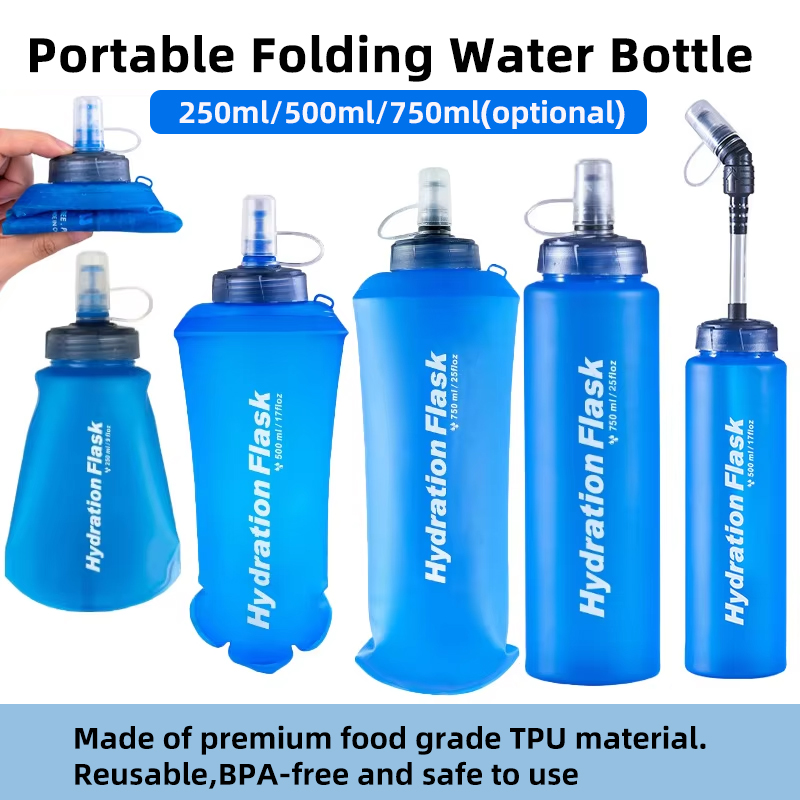 Water Bag Collapsible - 250ml 500ml 750ml ขวดน้ําพับแบบพกพากีฬากลางแจ้งพับ Soft Flask